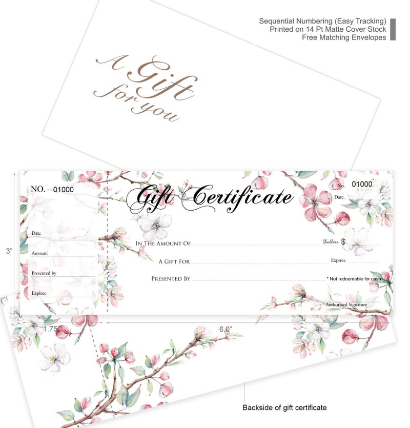 IMPACTONLINEPRINTING Blank Gift Certificates 25set, gift certificate for business, Gift-Blossoms-PP, Comes with Free matching Envelopes, Sequential Numbering Printing - Image 2
